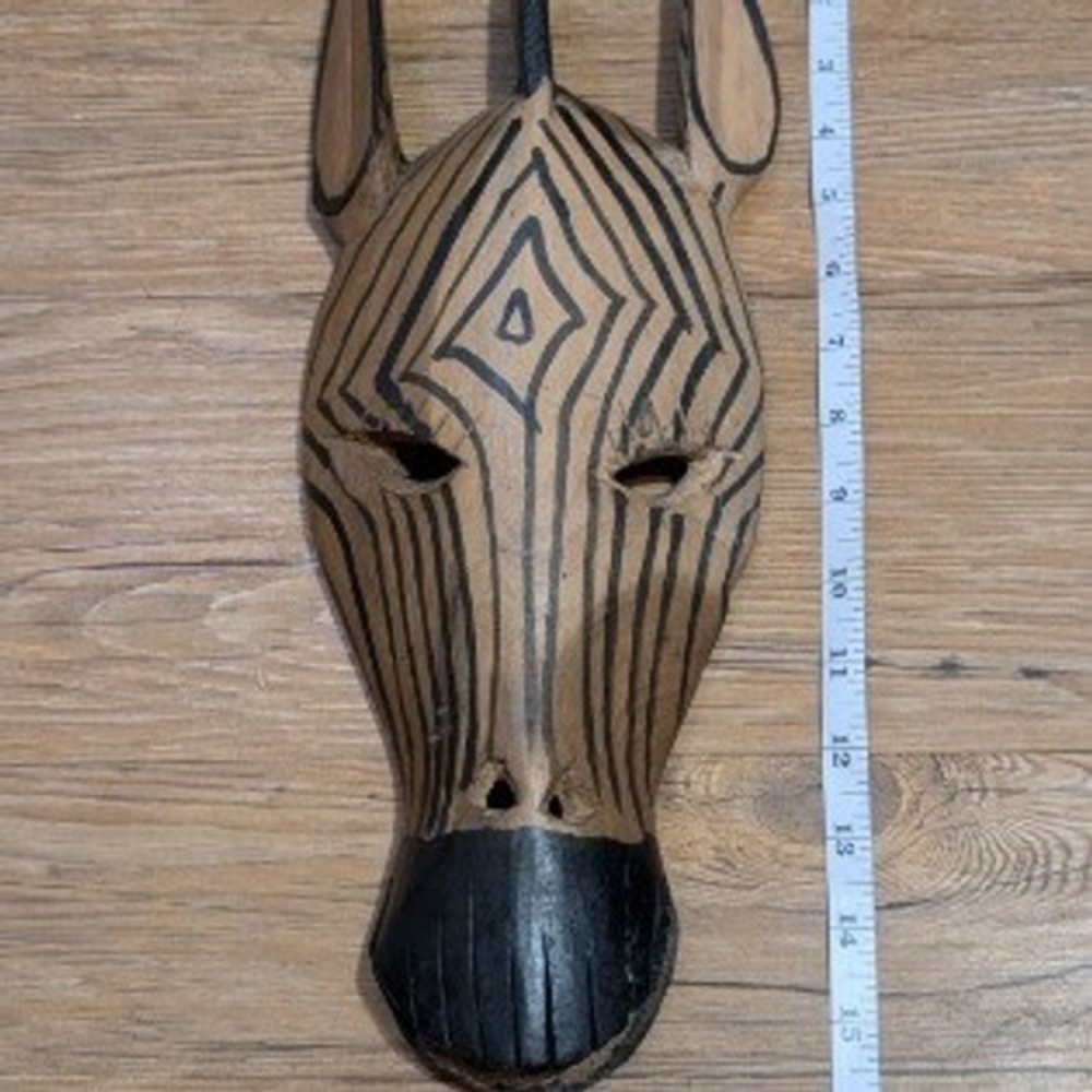 Vintage Hand Carved Wooden Zebra Mask African Wall Art Decor Striped Wood 15.5"
